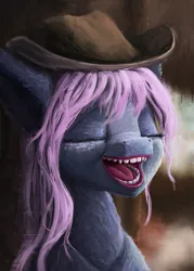 Size: 2341x3269 | Tagged: safe, alternate version, artist:gliconcraft, derpibooru import, oc, oc:peachbloom everbreeze, unofficial characters only, pony, eyes closed, hat, image, mawshot, open mouth, png, smiling, teeth, tongue out