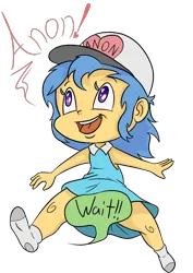 Size: 1000x1414 | Tagged: safe, artist:happy harvey, derpibooru import, oc, oc:little league, unofficial characters only, human, equestria girls, censored, child, clothes, colored, colored pupils, dialogue, dimples, drawn on phone, dress, female, happy, hat, heart eyes, image, implied anon, looking up, no shoes, offscreen character, open mouth, png, running, simple background, smiling, socks, solo, transparent background, wingding eyes