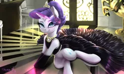 Size: 2500x1500 | Tagged: safe, artist:darksly, derpibooru import, rarity, pony, unicorn, black dress, chair, clothes, door, dress, ear fluff, female, horn, image, indoors, jpeg, lidded eyes, long dress, looking at you, mare, smiling, smiling at you, solo
