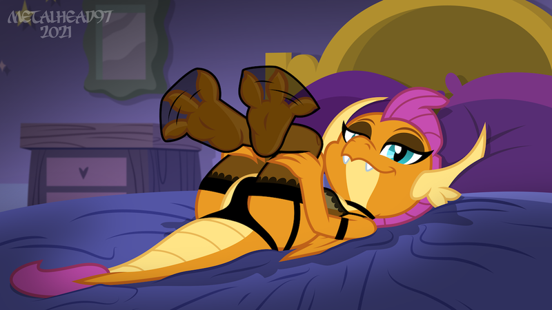 Size: 1280x720 | Tagged: suggestive, artist:metalhead97, derpibooru import, smolder, dragon, ass, bed, bedroom eyes, butt, clothes, dragoness, feet, feet in the air, feet up, female, foot focus, image, legs, legs in air, lidded eyes, lingerie, lingerie edit, looking at you, makeup, mirror, png, sexy, show accurate, smiling, smiling at you, smolderriere, smug, tail