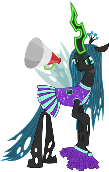 Size: 1382x2166 | Tagged: safe, artist:sketchmcreations, derpibooru import, queen chrysalis, changeling, changeling queen, 2 4 6 greaaat, cheerleader, cheerleader chrysalis, cheerleader outfit, clothes, female, glowing horn, horn, image, lidded eyes, magic, megaphone, png, pom pom, raised hoof, simple background, skirt, smiling, telekinesis, transparent background, vector