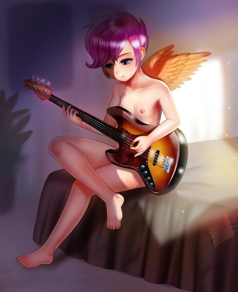 Size: 813x1000 | Tagged: questionable, artist:racoonsan, banned from derpibooru, edit, ponybooru import, scootaloo, human, background, bass guitar, breasts, child, complete nudity, delicious flat chest, female, guitar, humanized, image, jpeg, lolicon, musical instrument, nipples, nude edit, nudity, small breasts, solo, solo female, underage, winged humanization, wings