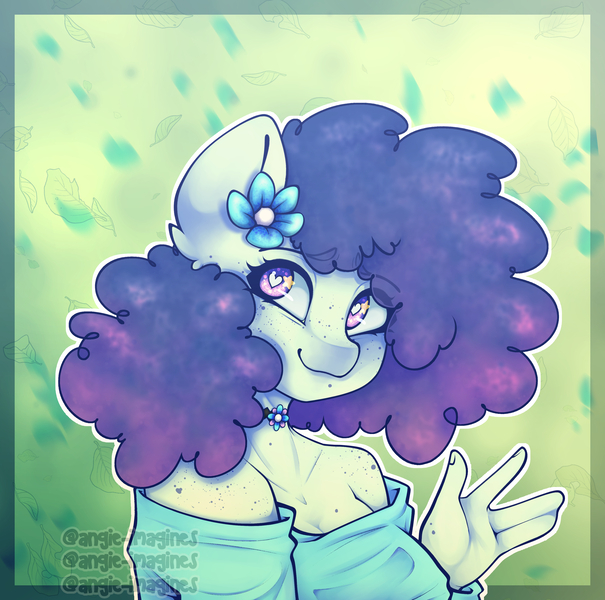 Size: 3300x3275 | Tagged: safe, artist:angie imagines, derpibooru import, oc, anthro, earth pony, afro, beauty mark, choker, ear fluff, earth pony oc, female, flower, flower in hair, freckles, green background, image, jpeg, multicolored eyes, multicolored hair, simple background, solo