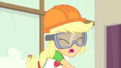 Size: 3410x1920 | Tagged: safe, derpibooru import, screencap, applejack, constructive criticism, equestria girls, equestria girls series, clothes, cutie mark, cutie mark on clothes, eyes closed, female, goggles, helmet, high res, image, jpeg, open mouth, solo
