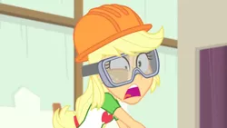 Size: 3410x1920 | Tagged: safe, derpibooru import, screencap, applejack, constructive criticism, equestria girls, equestria girls series, abuse, clothes, cutie mark, cutie mark on clothes, female, goggles, helmet, high res, image, jackabuse, jpeg, open mouth, solo