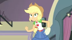 Size: 3410x1920 | Tagged: safe, derpibooru import, screencap, applejack, constructive criticism, equestria girls, equestria girls series, applejack's hat, belt, broken hand, clothes, cowboy hat, cutie mark, cutie mark on clothes, denim skirt, female, geode of super strength, hat, high res, image, jewelry, jpeg, magical geodes, necklace, skirt, smiling, solo