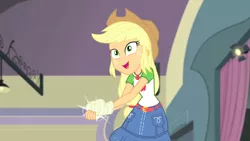 Size: 3410x1920 | Tagged: safe, derpibooru import, screencap, applejack, constructive criticism, equestria girls, equestria girls series, applejack's hat, belt, broken hand, clothes, cowboy hat, cutie mark, cutie mark on clothes, denim skirt, female, geode of super strength, hat, high res, image, jewelry, jpeg, magical geodes, necklace, open mouth, skirt, solo