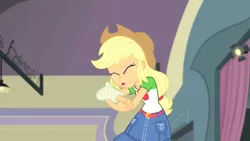 Size: 3410x1920 | Tagged: safe, derpibooru import, screencap, applejack, constructive criticism, equestria girls, equestria girls series, applejack's hat, belt, broken hand, clothes, cowboy hat, cutie mark, cutie mark on clothes, denim skirt, eyes closed, female, geode of super strength, hat, high res, image, jewelry, jpeg, magical geodes, necklace, open mouth, skirt, solo