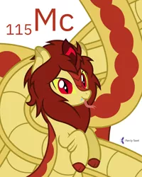 Size: 4000x5000 | Tagged: safe, artist:parclytaxel, derpibooru import, oc, oc:acorn, unofficial characters only, hybrid, kirin, lamia, original species, series:joycall6's periodic table, absurd resolution, chemistry, commission, cute, cute little fangs, fangs, forked tongue, image, impossibly long tail, looking at you, moscovium, periodic table, png, raised hoof, simple background, slit pupils, smiling, solo, .svg available, vector, white background, yellow sclera