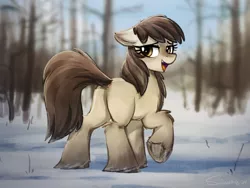 Size: 4000x3000 | Tagged: safe, artist:selenophile, edit, editor:maonyman, oc, oc:frosty flakes, unofficial characters only, pony, taiga pony, bedroom eyes, butt, dock, female, floppy ears, fluffy, image, looking back, mare, open mouth, plot, png, raised hoof, raised tail, sfw edit, snow, solo, solo female, tail