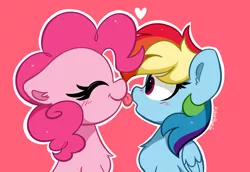 Size: 4552x3132 | Tagged: safe, artist:kittyrosie, derpibooru import, pinkie pie, rainbow dash, earth pony, pegasus, pony, blushing, chest fluff, cute, ear fluff, eyes closed, female, image, lesbian, licking, pink background, pinkiedash, png, shipping, simple background, tongue out