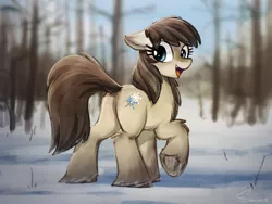Size: 4000x3000 | Tagged: safe, artist:selenophile, edit, oc, oc:frosty flakes, pony, taiga pony, butt, dock, female, floppy ears, fluffy, image, looking back, mare, open mouth, plot, png, raised hoof, raised tail, sfw edit, snow, solo, solo female, tail