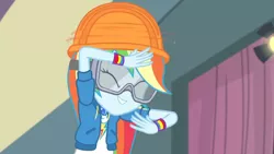Size: 3410x1920 | Tagged: safe, derpibooru import, screencap, rainbow dash, constructive criticism, equestria girls, equestria girls series, clothes, constructive criticism: rainbow dash, cutie mark, cutie mark on clothes, eyes closed, female, geode of super speed, goggles, helmet, high res, hoodie, image, jewelry, jpeg, magical geodes, necklace, smiling, solo