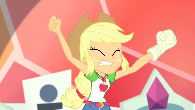 Size: 3410x1920 | Tagged: safe, derpibooru import, screencap, applejack, constructive criticism, equestria girls, equestria girls series, applejack's hat, belt, clothes, constructive criticism: rainbow dash, cowboy hat, cutie mark, cutie mark on clothes, denim skirt, eyes closed, female, geode of super strength, hat, high res, image, jewelry, jpeg, magical geodes, necklace, skirt, solo
