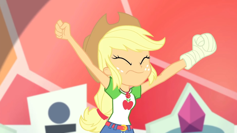 Size: 3410x1920 | Tagged: safe, derpibooru import, screencap, applejack, constructive criticism, equestria girls, equestria girls series, applejack's hat, belt, clothes, constructive criticism: rainbow dash, cowboy hat, cutie mark, cutie mark on clothes, denim skirt, eyes closed, female, geode of super strength, hat, high res, image, jewelry, jpeg, magical geodes, necklace, skirt, solo