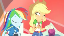 Size: 3410x1920 | Tagged: safe, derpibooru import, screencap, applejack, rainbow dash, constructive criticism, equestria girls, equestria girls series, applejack's hat, belt, clothes, constructive criticism: rainbow dash, cowboy hat, cutie mark, cutie mark on clothes, denim skirt, eyes closed, female, geode of super speed, geode of super strength, hat, high res, hoodie, image, jewelry, jpeg, magical geodes, necklace, one eye closed, open mouth, skirt