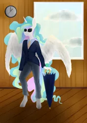 Size: 1527x2160 | Tagged: safe, artist:jennifer696jones, derpibooru import, princess celestia, alicorn, anthro, clothes, cloud, female, image, jpeg, kingsman: the secret service, sky, umbrella, wings