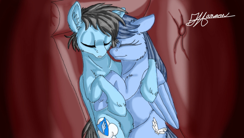 Size: 1024x580 | Tagged: artist needed, safe, derpibooru import, oc, oc:angel wings, oc:zuro, changeling, pegasus, fanfic, cuddling, disguise, disguised changeling, fanfic art, female, husband and wife, image, jpeg, lying down, male