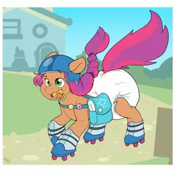 Size: 2048x2032 | Tagged: suggestive, artist:cuddlehooves, derpibooru import, sunny starscout, earth pony, pony, adult foal, diaper, diaper fetish, fetish, g5, helmet, image, jpeg, pacifier, poofy diaper, roller skates, solo