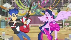 Size: 1023x575 | Tagged: safe, artist:bbbhuey, artist:cloudyglow, artist:epiccartoonsfan, derpibooru import, flash sentry, twilight sparkle, twilight sparkle (alicorn), alicorn, equestria girls, balloon, boots, canterlot high, clothes, crown, dancing, devil horn (gesture), do the sparkle, dress, duo, eyes closed, floppy ears, grin, guitar, gymnasium, image, jewelry, musical instrument, open mouth, open smile, playing instrument, png, ponied up, regalia, shoes, show accurate, smiling, spread wings, streamers, vector, wings