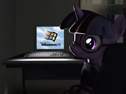 Size: 2873x2160 | Tagged: safe, artist:charismatic pony, derpibooru import, twilight sparkle, pony, unicorn, 3d, chair, computer, desk, glasses, image, keyboard, microsoft, monitor, png, solo, source filmmaker, window, windows, windows 98