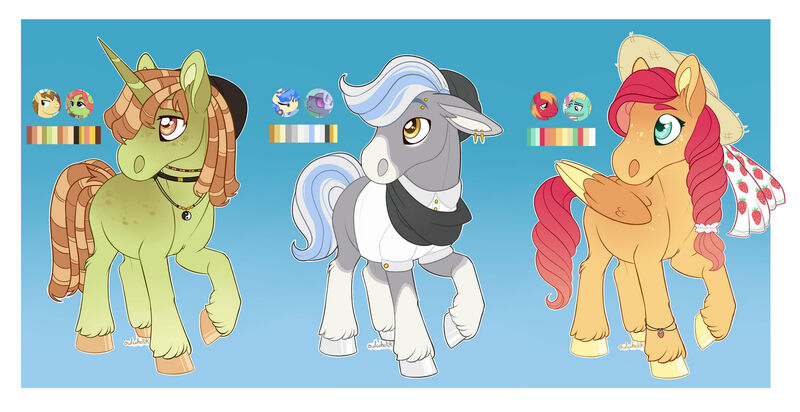 Size: 1920x988 | Tagged: safe, artist:pinkcattle, derpibooru import, big macintosh, donut joe, hoity toity, sapphire shores, tree hugger, zephyr breeze, oc, earth pony, pegasus, pony, unicorn, beanie, dreadlocks, ear piercing, earring, freckles, gradient background, hat, image, jewelry, jpeg, magical gay spawn, necklace, offspring, parent:big macintosh, parents:donuthugger, parents:hoityshores, parents:zephyrmac, piercing, sun hat, unshorn fetlocks