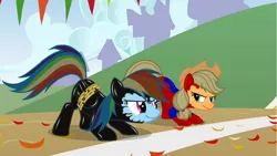 Size: 1192x670 | Tagged: safe, artist:14oliverhedgehog, artist:barrelslover, derpibooru import, edit, edited screencap, screencap, applejack, rainbow dash, earth pony, pegasus, pony, fall weather friends, bound wings, female, image, jpeg, looking at each other, mare, remake, rope, smiling, smiling at each other, smirk, starting line, symbiote, wings