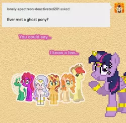 Size: 504x494 | Tagged: safe, artist:verve, derpibooru import, bright mac, granny pie, pear butter, sunset shimmer, twilight sparkle, twilight sparkle (alicorn), oc, oc:jinn, alicorn, earth pony, genie, ghost, ghost pony, pony, undead, unicorn, ask genie twilight, ask, eyes closed, female, geniefied, image, jade pearl, male, mare, pear butter's ghost, pixel art, png, smiling, stallion