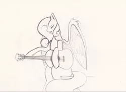 Size: 1250x909 | Tagged: safe, artist:penrosa, derpibooru import, oc, unofficial characters only, pegasus, pony, guitar, image, lineart, musical instrument, offspring, parent:button mash, parent:sweetie belle, parents:sweetiemash, pegasus oc, png, solo, wings