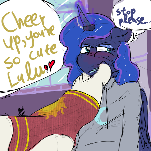 Size: 750x750 | Tagged: suggestive, artist:fetishsketches, derpibooru import, princess celestia, princess luna, anthro, plantigrade anthro, big feet, blushing, clothes, dialogue, doodle, feet, fetish, foot fetish, foot on face, hoodie, horn, horn ring, image, jewelry, luna is not amused, magic suppression, png, ring, size difference, socks, teasing, toeless socks, unamused