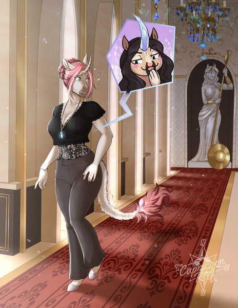 Size: 2550x3300 | Tagged: questionable, artist:askbubblelee, derpibooru import, oc, oc:beryl lovegreen, oc:rosie quartz, unofficial characters only, anthro, unguligrade anthro, unicorn, anthro oc, breasts, clothes, curved horn, digital art, female, hallway, horn, image, leonine tail, looking back, png, smiling, statue, unicorn oc