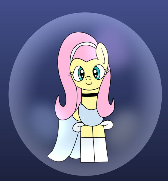 Size: 1280x1374 | Tagged: safe, alternate version, artist:platinumdrop, derpibooru import, fluttershy, pony, bubble, cinderella, clothes, dress, female, front view, gown, gradient background, image, jpeg, looking at you, mare, request, simple background, solo