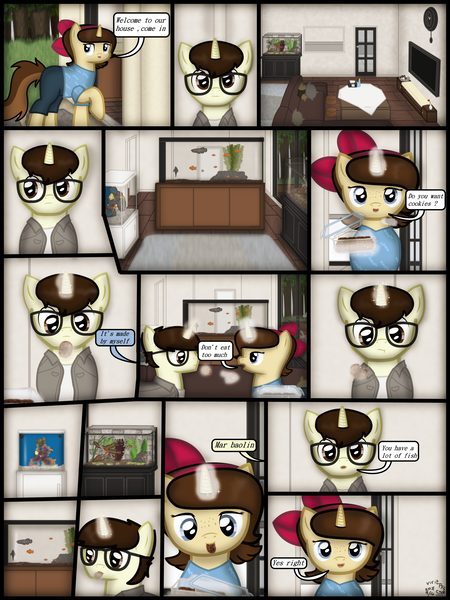 Size: 1750x2333 | Tagged: safe, artist:99999999000, derpibooru import, oc, oc:cwe, oc:mar baolin, unofficial characters only, fish, pony, unicorn, comic:visit, aquarium, clothes, comic, cookie, couch, female, food, glasses, house, image, living room, male, png, television, tree