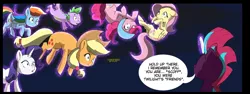 Size: 1524x570 | Tagged: safe, artist:chedx, derpibooru import, edit, applejack, fluttershy, pinkie pie, rainbow dash, rarity, spike, tempest shadow, dragon, earth pony, pegasus, pony, unicorn, comic:the storm kingdom, my little pony: the movie, applejack's hat, captured, cowboy hat, cropped, crystal of light, cute, dashabetes, diapinkes, general tempest shadow, hat, helmet, image, implied twilight sparkle, jackabetes, png, raribetes, shocked, shocked expression, shyabetes, upside down, wavy mouth