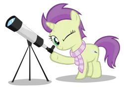 Size: 4760x3380 | Tagged: safe, artist:strategypony, derpibooru import, oc, oc:sky spark, unofficial characters only, pony, unicorn, clothes, cute, female, filly, foal, horn, image, one eye closed, png, raised hoof, scarf, show accurate, simple background, stargazing, telescope, transparent background, underhoof, unicorn oc, younger