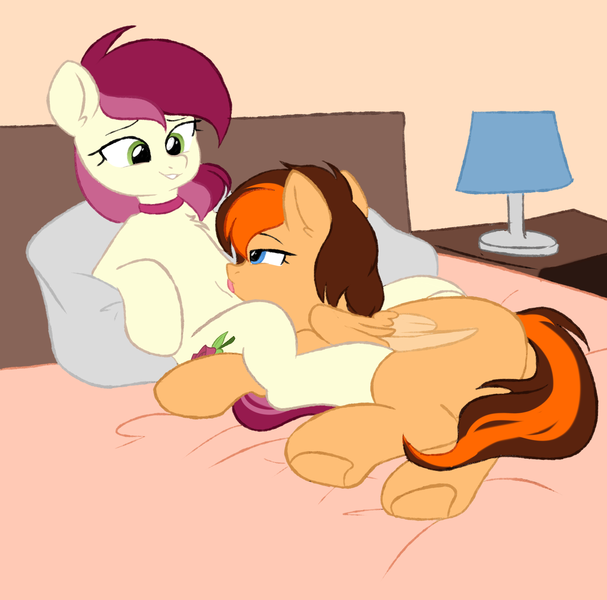 Size: 2023x2000 | Tagged: suggestive, artist:thieftea, derpibooru import, roseluck, oc, oc:aerion featherquill, earth pony, pegasus, pony, bed, bedroom, bedroom eyes, between legs, canon x oc, choker, commission, eye contact, female, image, lesbian, licking, looking at each other, mare, on bed, pillow, png, shipping, tongue out, underhoof, ych result