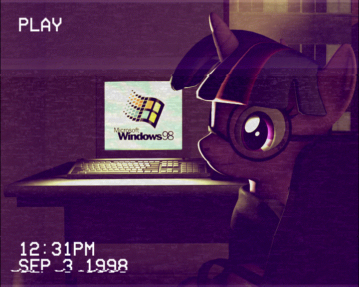 Size: 720x576 | Tagged: safe, artist:charismatic pony, derpibooru import, twilight sparkle, pony, unicorn, '90s, 3d, animated, chair, computer, desk, error, gif, glasses, glitch, image, keyboard, microsoft, monitor, solo, source filmmaker, timestamp, window, windows, windows 98