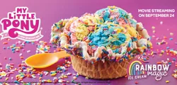 Size: 1278x612 | Tagged: safe, derpibooru import, g5, my little pony: a new generation, food, ice cream, image, jpeg, my little pony: a new generation logo, no pony, official, rainbow magic ice cream, spoon, sprinkles, text, waffle cone