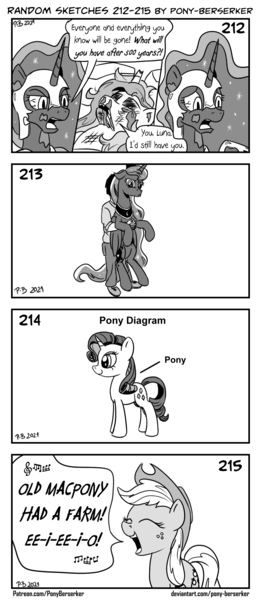 Size: 1320x3035 | Tagged: semi-grimdark, artist:pony-berserker, derpibooru import, applejack, nightmare moon, princess celestia, princess luna, rarity, alicorn, human, pony, unicorn, anatomy chart, anatomy guide, black eye, blood, broken horn, broken teeth, chart, comic, cute, diagram, eyes closed, female, holding a pony, horn, image, invincible, jackabetes, luna is not amused, mare, meme, monochrome, old macdonald had a farm, png, pony-berserker's twitter sketches, pouting, shaped like itself, singing, song, stippling, think mark, unamused