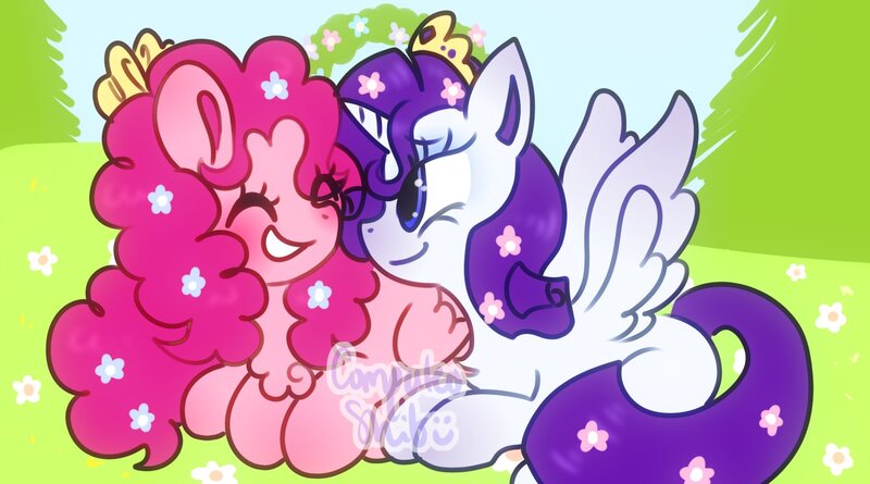 Size: 1556x866 | Tagged: safe, artist:computershit, derpibooru import, pinkie pie, rarity, alicorn, pegasus, pony, alicornified, crown, eyes closed, female, flower, flower in hair, g4, garden, happy, image, jewelry, jpeg, lesbian, meadow, missing cutie mark, pegasus pinkie pie, princess rarity, race swap, raripie, regalia, shipping, simple background, sitting, tiara