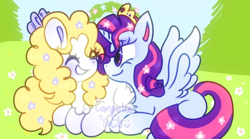 Size: 1556x866 | Tagged: safe, alternate version, artist:computershit, derpibooru import, sparkler (g1), surprise, alicorn, pegasus, pony, alicornified, eyes closed, female, flower, flower in hair, g1 to g4, garden, generation leap, happy, image, jewelry, jpeg, lesbian, meadow, missing cutie mark, race swap, simple background, tiara