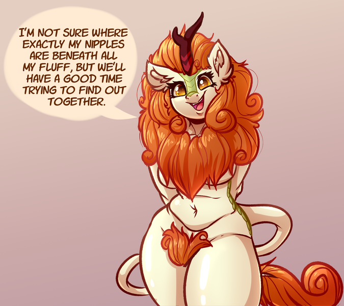 Size: 4500x4000 | Tagged: questionable, artist:witchtaunter, derpibooru import, autumn blaze, anthro, kirin, chest fluff, chubby, ear fluff, excessive pubic hair, female, gradient background, image, png, pubic fluff, pubic hair, smiling, solo, speech bubble, talking to viewer