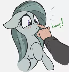 Size: 2270x2345 | Tagged: safe, artist:t72b, derpibooru import, marble pie, earth pony, human, pony, blushing, boop, disembodied hand, floppy ears, gray background, hand, image, png, raised hoof, simple background, teary eyes