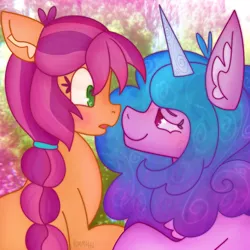 Size: 1000x1000 | Tagged: safe, artist:junko, derpibooru import, izzy moonbow, sunny starscout, earth pony, pony, unicorn, blushing, chest fluff, duo, ear fluff, eyelashes, female, g5, image, implied lesbian, implied shipping, izzyscout, lesbian, lidded eyes, mare, png, shipping, signature, surprised, wide eyes