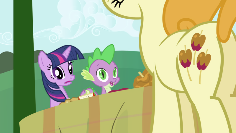 Size: 1920x1080 | Tagged: safe, derpibooru import, screencap, caramel apple, spike, twilight sparkle, pony, unicorn, friendship is magic, apple family member, background pony, butt, cutie mark, female, food, image, mare, plot, png, terrified, triple, unicorn twilight