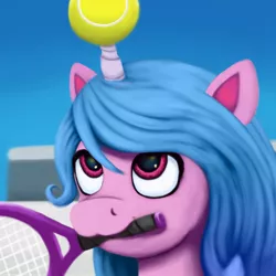 Size: 1200x1200 | Tagged: safe, artist:redquoz, derpibooru import, izzy moonbow, pony, unicorn, ball, female, g5, hornball, image, izzy's tennis ball, jpeg, looking up, mare, mouth hold, solo, tennis ball, tennis racket