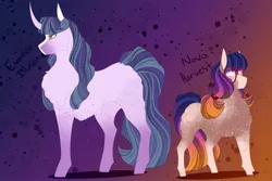 Size: 3000x2000 | Tagged: safe, artist:inisealga, derpibooru import, oc, oc:eventide illusion, oc:nova harvest, unofficial characters only, earth pony, pony, unicorn, blaze (coat marking), coat markings, curved horn, facial markings, horn, image, jpeg, magical lesbian spawn, next generation, offspring, parent:applejack, parent:rarity, parent:twilight sparkle, simple background, socks (coat marking)