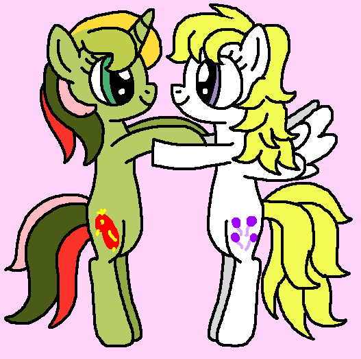 Size: 527x523 | Tagged: safe, artist:brobbol, derpibooru import, mimic (g1), surprise, pegasus, pony, twinkle eyed pony, unicorn, adoraprise, bipedal, cute, female, g1 to g4, g4, generation leap, hug, image, lesbian, mare, mimicbetes, mimicprise, ms paint, pink background, png, shipping, simple background, smiling
