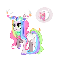 Size: 851x939 | Tagged: safe, artist:moonbatz, derpibooru import, oc, oc:moonlight flutters, unofficial characters only, bat pony, deer, deer pony, hybrid, original species, pony, bat pony oc, bat wings, deer oc, eye clipping through hair, eyelashes, eyeshadow, fangs, female, floral head wreath, flower, folded wings, heterochromia, horns, image, makeup, mare, multicolored hair, png, rainbow hair, raised hoof, simple background, slit eyes, solo, transparent background, wings