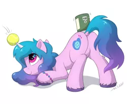 Size: 2800x2300 | Tagged: safe, artist:mercurysparkle, derpibooru import, izzy moonbow, pony, unicorn, ball, beans, butt, can, dock, eye clipping through hair, face down ass up, female, food, g5, hornball, image, izzy's tennis ball, leg fluff, mare, plot, png, simple background, smiling, solo, tennis ball, unshorn fetlocks, white background